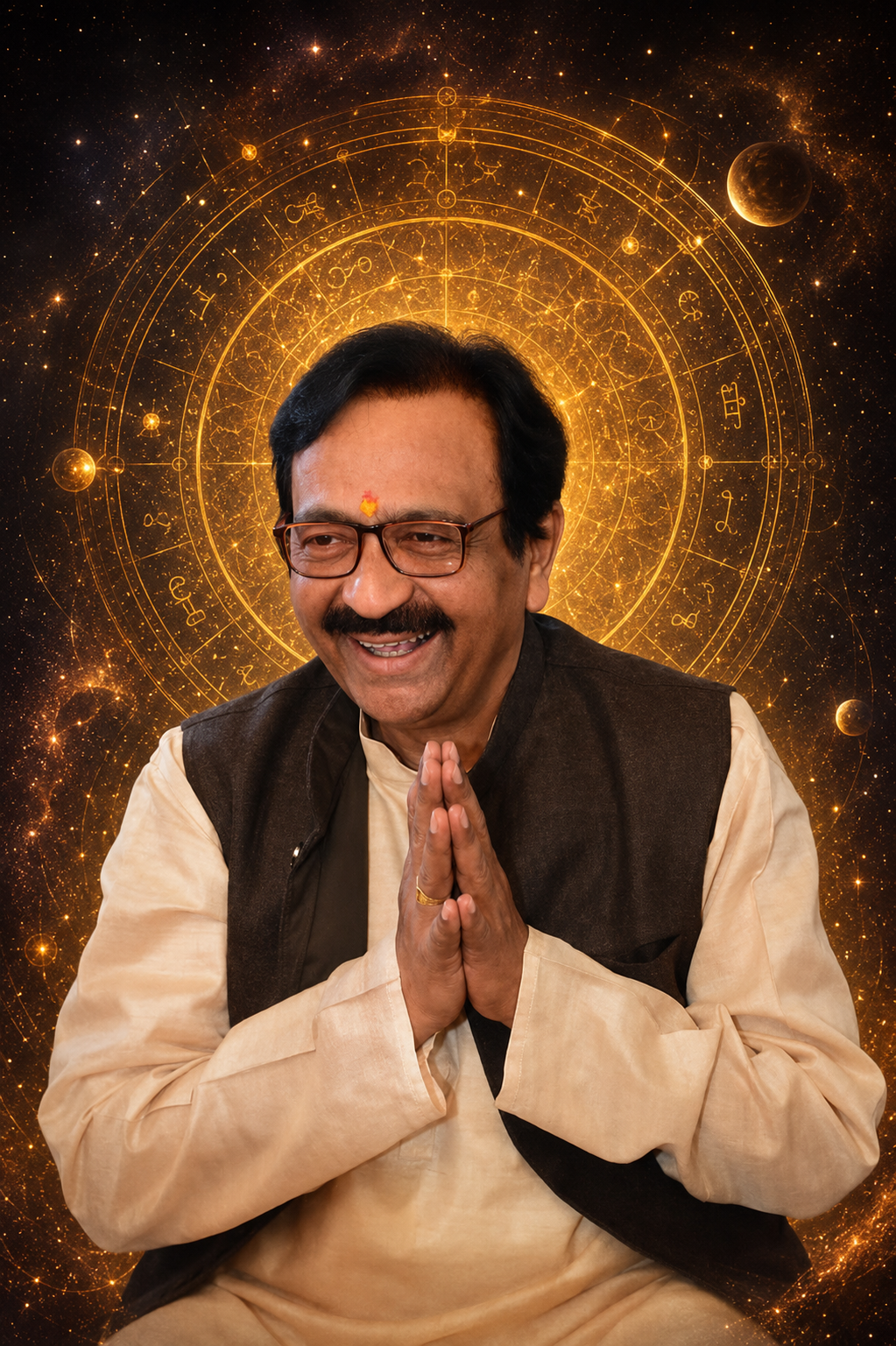 Sudhir Sharma with folded hands against a golden cosmic backdrop